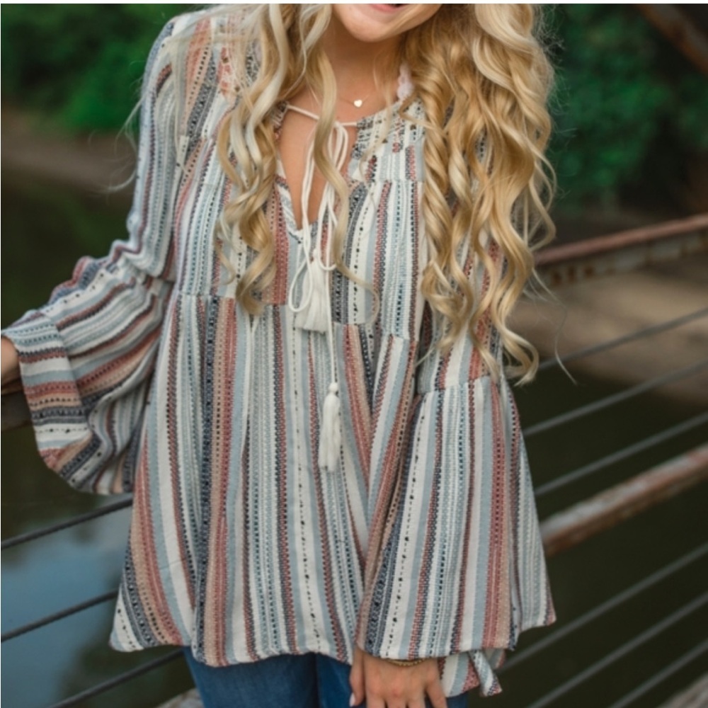 Altar'd State Boho Striped Top Medium, Bell Sleeves, Beaded Trim